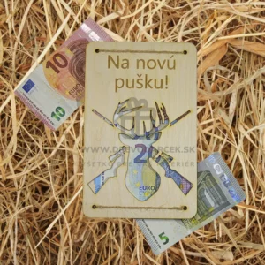 Drevená gravírovaná obálka na peniaze Na novu pušku